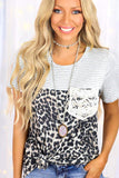 Stripes Splicing Lace Pocket T-shirt