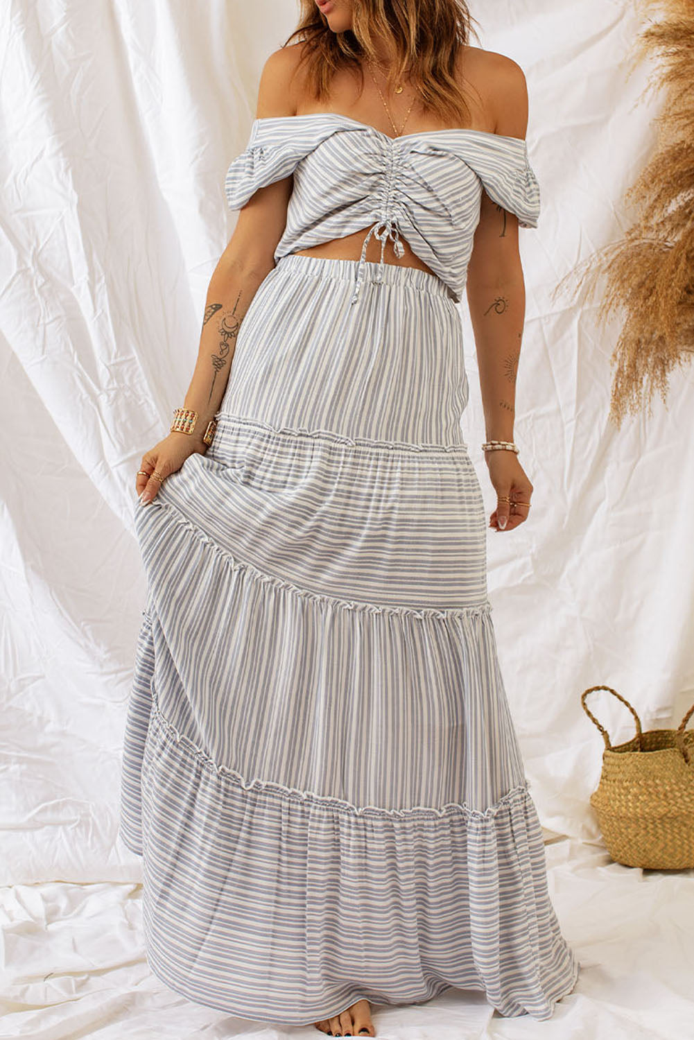Striped Print Lace-up Crop Top Tiered Ruffle Maxi Skirt Set