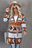 Multicolor Ethnic Style Knee Length Open Front Cardigan