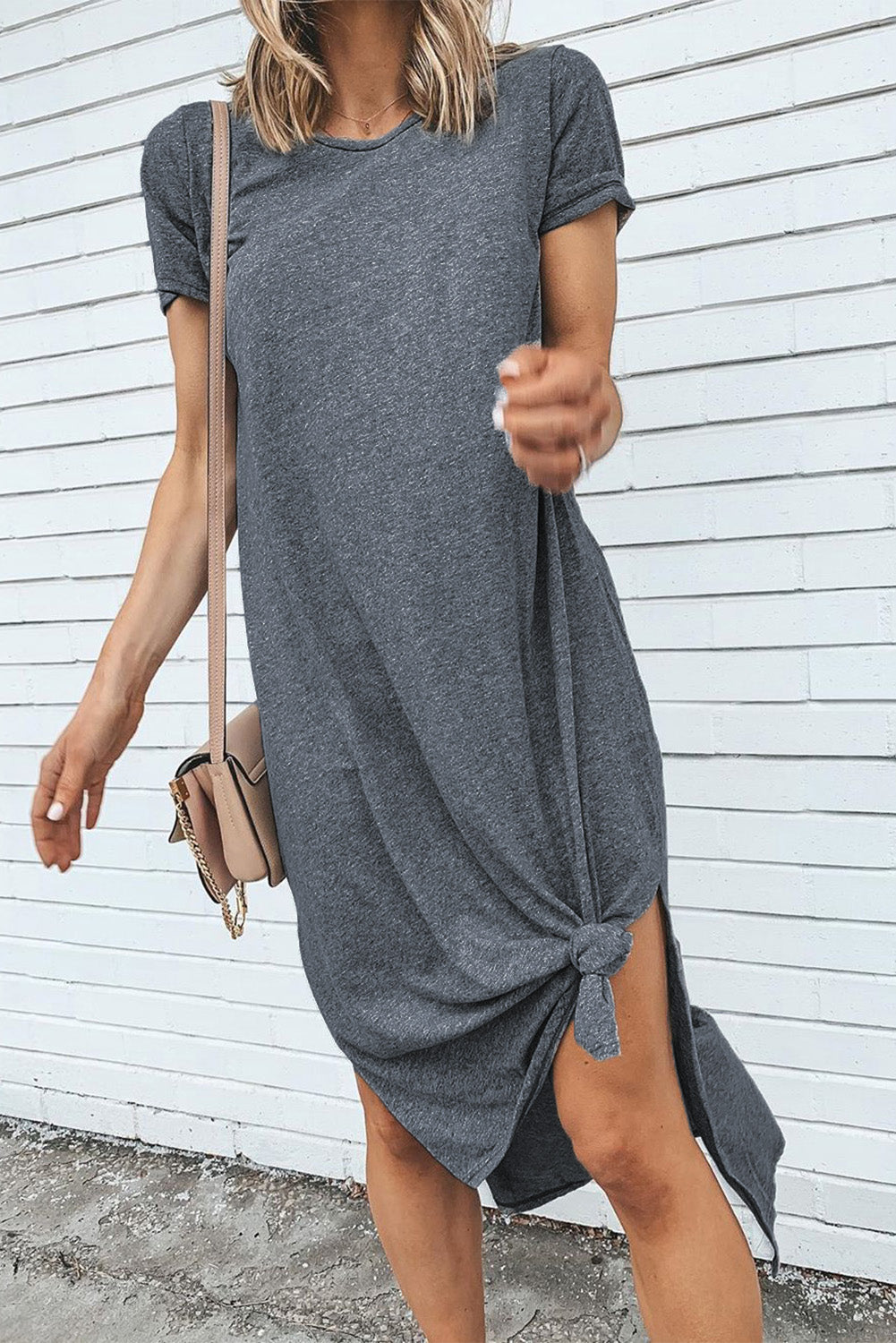 Casual Short Sleeve T-shirt Midi Dress with High Splits