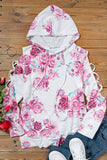 White Floral Print Criss-Cross Cold Shoulder Hoodie