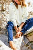 White Waffle Knit Hollow-out Eyelet Pullover Sweater
