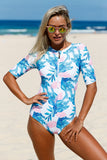 Print Zip Front Half Sleeve One Piece Swimsuit