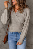 Khaki Wrap V Neck Back Tie Knit Sweater