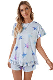 Star Print Ruffled Short Sleeve Tee and Drawstring Shorts Lounge Se
