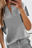 Plaid Splicing Short Sleeve Top and Elastic Waist Pants Set