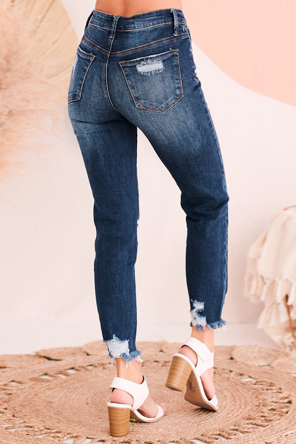High Waist Cropped Distressed Ripped Jeans with Pockets