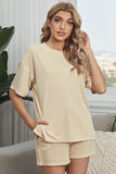 Khaki Crew Neck Short Sleeve Ribbed Lounge Set