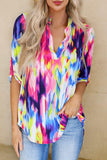 Tie Dye Button Tab-Sleeve V-Neck Blouse