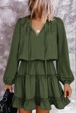 Army Green V Neck Long Sleeve Ruffle Tiered Mini Dress