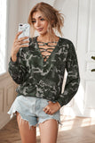 Hollow-out V Neck Camouflage Blouse
