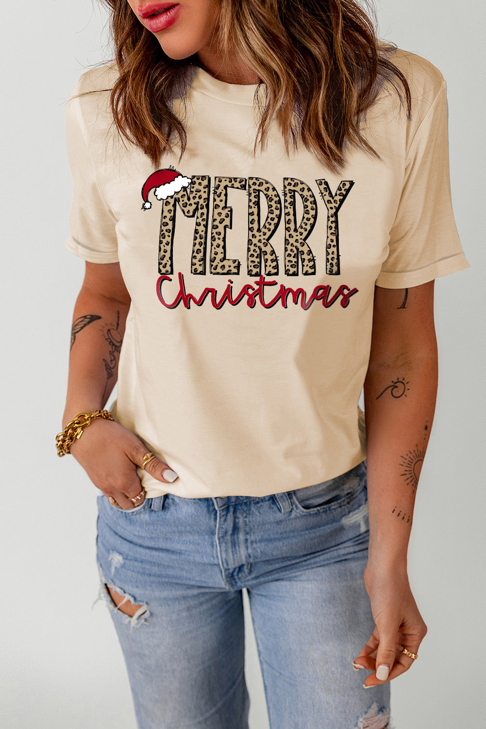 MERRY Christmas Hat Print Crew Neck Graphic Tee