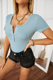 Scoop Neck Buttoned Front Ribbed Knit Short Sleeve Top