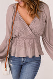Surplice V Neck Lace Front Balloon Sleeve Blouse