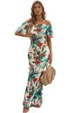 Turquoise Roses Print Off-the-shoulder Maxi Dress