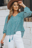 Floral Print Drawstring High Low V Neck Blouse