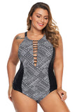 Plus Size Monochrome Print Cutout Maillot