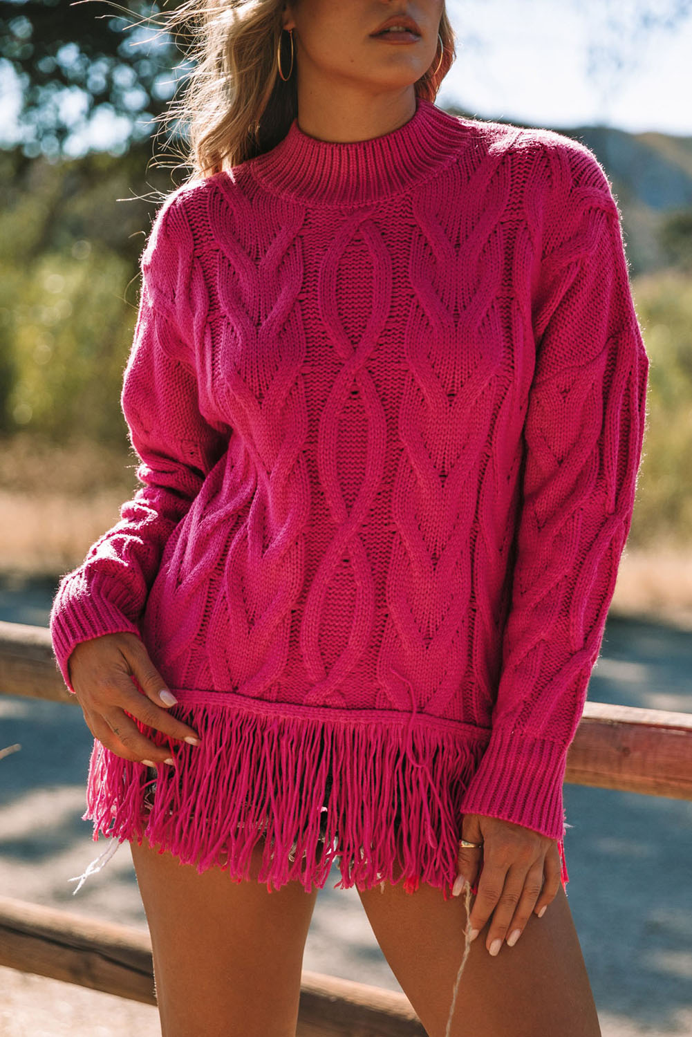 High Neck Cable Knit Tasseled Sweater