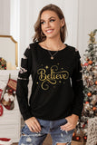 Believe Glitter Print Leopard Patchwork Pullover Sweatshirt