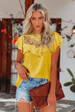 Yellow Lace Splicing Ruffled Short Sleeve T-shirt
