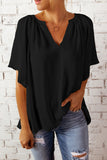 Black Split Neck Pleated Loose Top