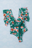 Sexy Deep V Neck Floral Print Ruffles One Piece Swimwear