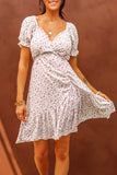 Floral Print Lace-up Ruched Square Neck Puff Sleeve Mini Dress