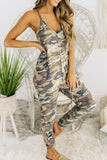 Spaghetti Straps V Neck Sleeveless Camo Print Jumpsuit with Pockets