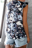 Ruffled Cap Sleeve Printed Split Neck Tank Top