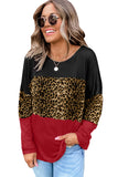 Burgundy Colorblock Leopard Patchwork Long Sleeve Top