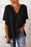 Black Split Neck Pleated Loose Top