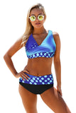 Contrast Color Block Print Wrap V Neck Lace-up Back Bikini