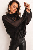 Black Lace Contrast Sheer Frilled Neck Blouse