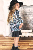 Sky Blue Aztec Print Buttoned Girl's Jacket with Pockets