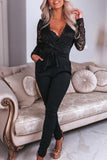 Lace Contrast V Neck Long Sleeve Jumpsuit
