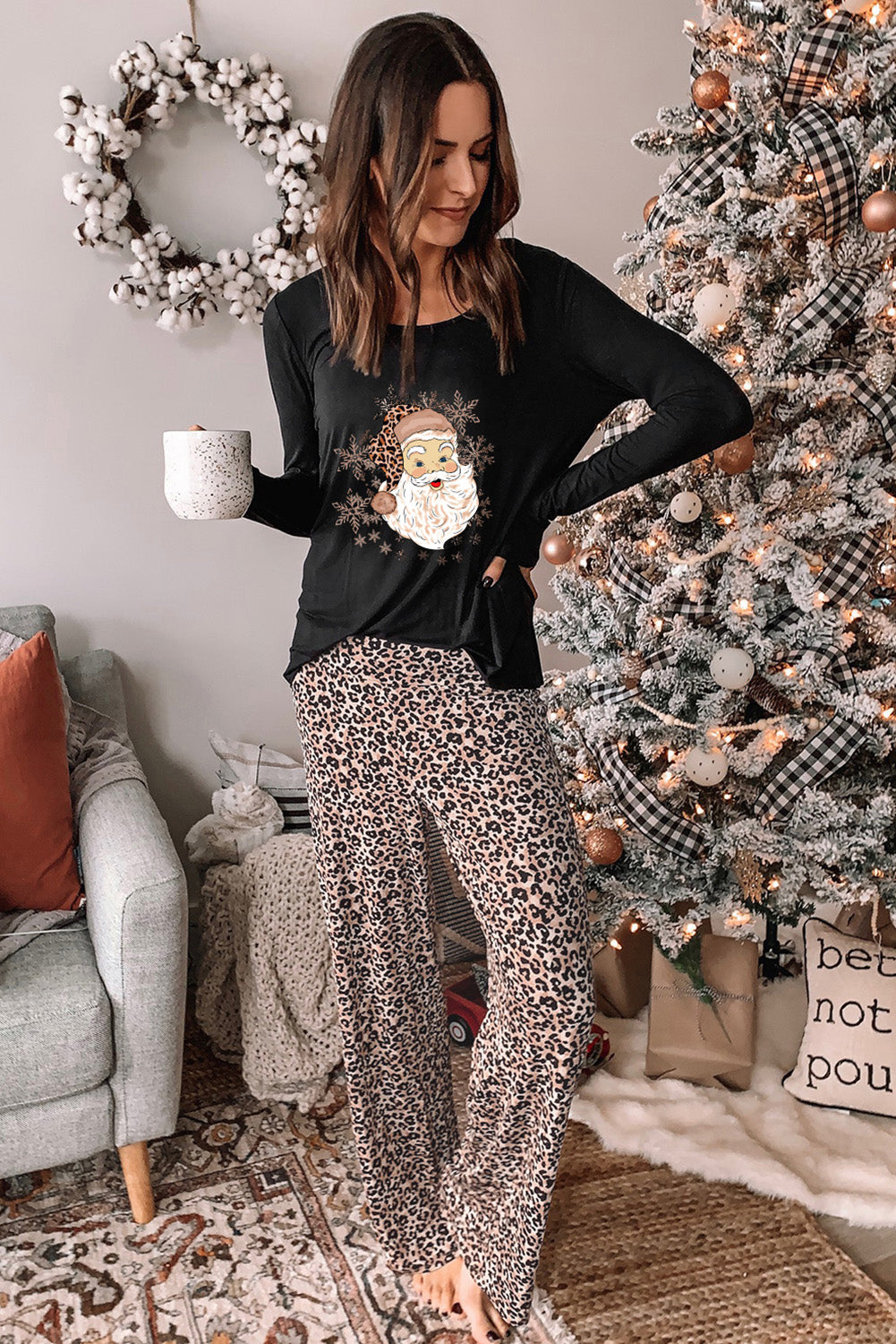 Long Sleeve Top and Leopard Print Pants Lounge Set ALELLY