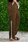 Leopard Side Slit Drawstring Waist Casual Pants