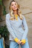 Striped Knit Button Neck Long Sleeve Top