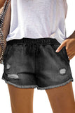 Elastic Waist Distressed Raw Hem Denim Shorts