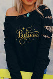 Believe Glitter Print Leopard Patchwork Pullover Sweatshirt