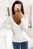V Neck Ribbed Textured Pleated Top with Buttoned Long Sleeves