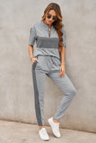 Plaid Splicing Short Sleeve Top and Elastic Waist Pants Set