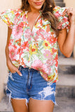 color Ruffle Flutter Sleeve Floral Print Blouse