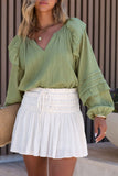 Split V Neck Ruffled Bubble Sleeves Blouse