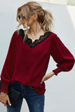 V Neck Lace Patchwork Green Blouse
