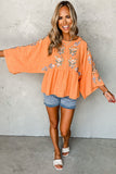 Orange Kimono Sleeves Embroidered Top
