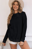 Crew Neck Ribbed Trim Waffle Knit Top