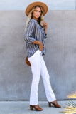 Striped V Neck Pocket Long Sleeve Top