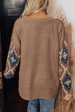 Brown Western Aztec Print Buttoned V Neck Top