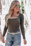 Olive Strappy Hollow-out Scoop Neck Long Sleeve Leopard Bodysuit